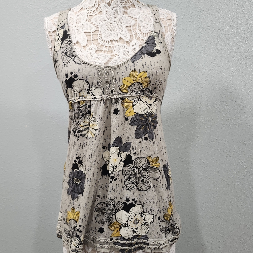 Y2K Decree Floral Rain Polka Dot Rain Print Babydoll Racerback Tank Gray Size S